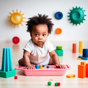 Baby exploring sensory materials in a tray