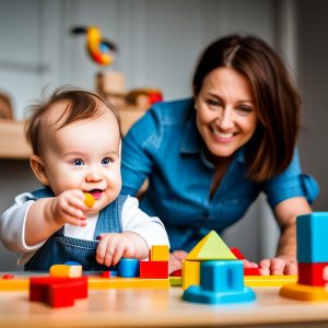 Baby playing with colorful toys while parent works in the background